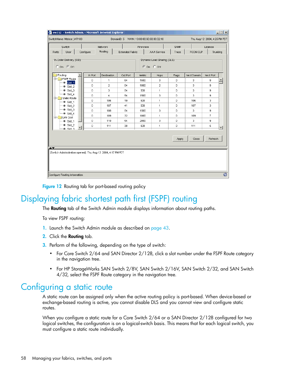 Configuring a static route, 12 routing tab for port-based routing policy | HP Brocade 4Gb SAN Switch for HP BladeSystem c-Class User Manual | Page 58 / 160