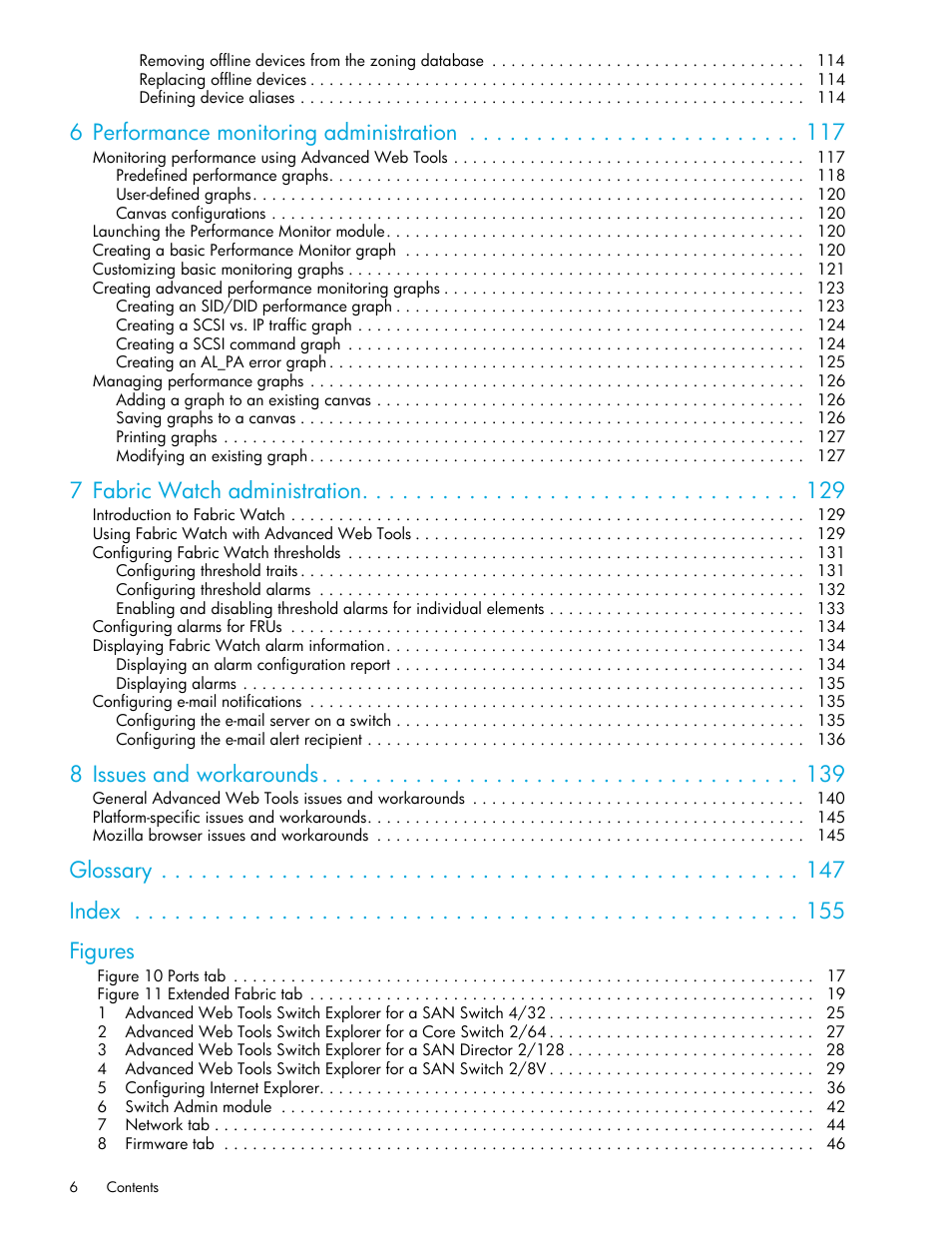 6 performance monitoring administration, 7 fabric watch administration, 8 issues and workarounds | Glossary index figures | HP Brocade 4Gb SAN Switch for HP BladeSystem c-Class User Manual | Page 6 / 160