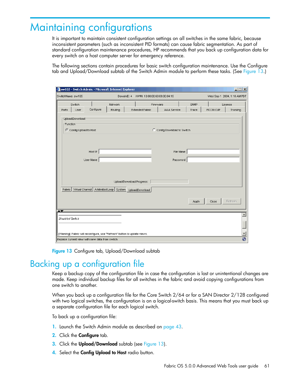 Maintaining configurations, Figure 13 configure tab, upload/download subtab, Backing up a configuration file | 13 configure tab, upload/download subtab | HP Brocade 4Gb SAN Switch for HP BladeSystem c-Class User Manual | Page 61 / 160