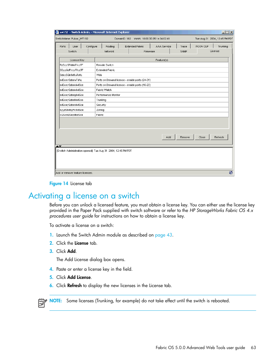 Figure 14 license tab, Activating a license on a switch, 14 license tab | Module, as shown in, Figure 14 | HP Brocade 4Gb SAN Switch for HP BladeSystem c-Class User Manual | Page 63 / 160