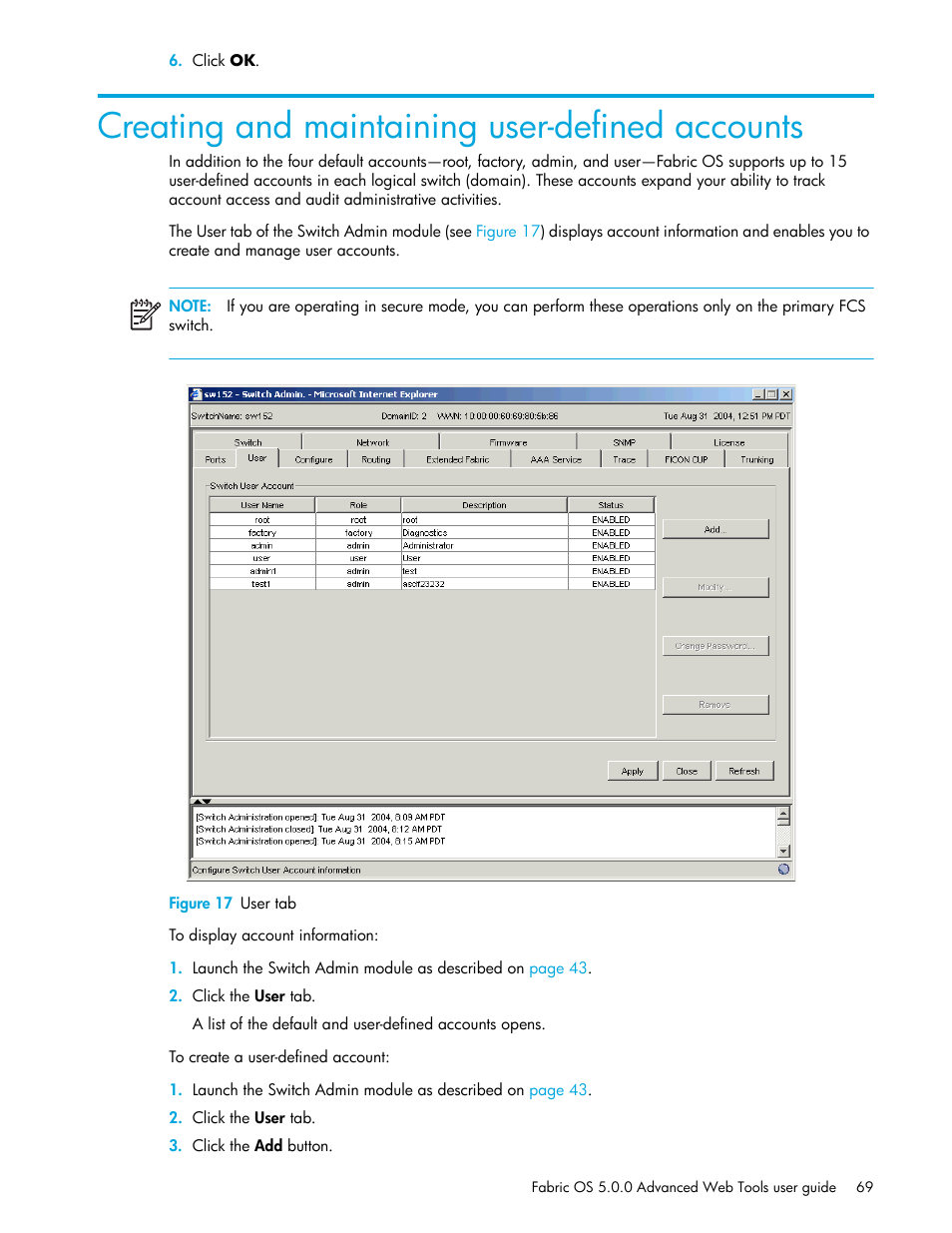 Creating and maintaining user-defined accounts, Figure 17 user tab, 17 user tab | Figure 17 | HP Brocade 4Gb SAN Switch for HP BladeSystem c-Class User Manual | Page 69 / 160