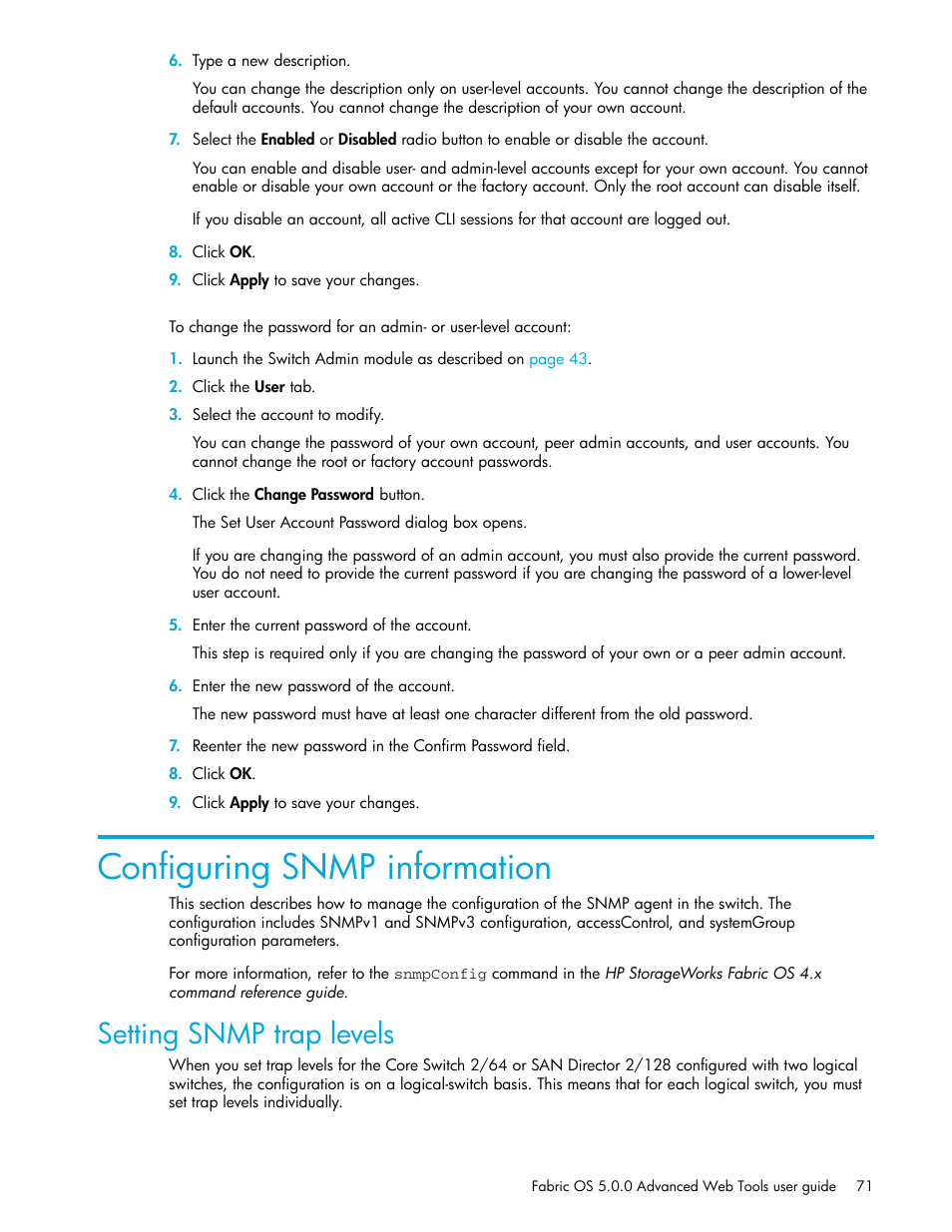 Configuring snmp information, Setting snmp trap levels | HP Brocade 4Gb SAN Switch for HP BladeSystem c-Class User Manual | Page 71 / 160
