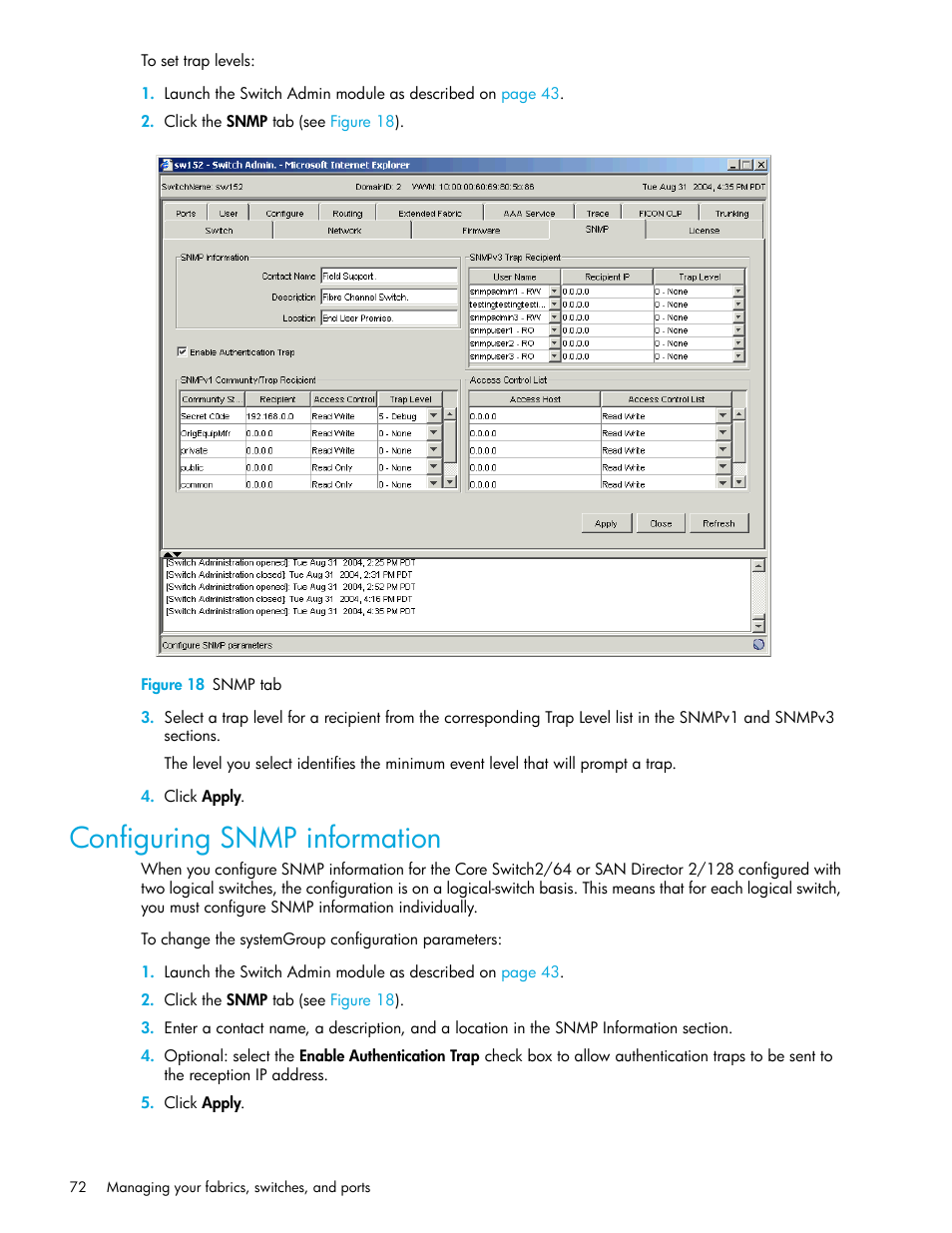 Figure 18 snmp tab, Configuring snmp information, 18 snmp tab | HP Brocade 4Gb SAN Switch for HP BladeSystem c-Class User Manual | Page 72 / 160