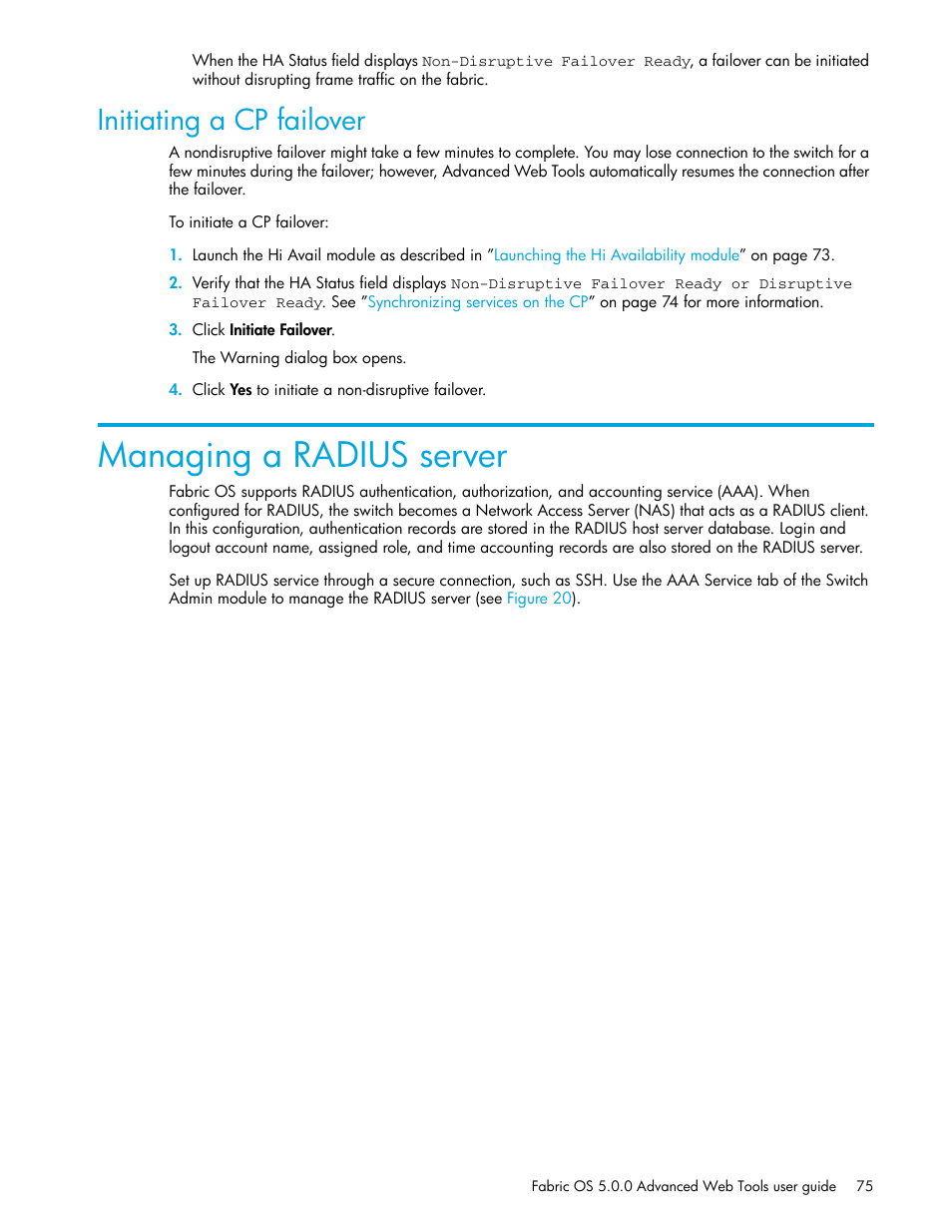 Initiating a cp failover, Managing a radius server | HP Brocade 4Gb SAN Switch for HP BladeSystem c-Class User Manual | Page 75 / 160