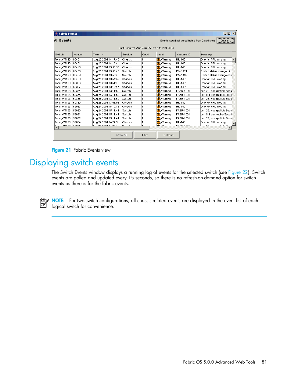 Figure 21 fabric events view, Displaying switch events, 21 fabric events view | Figure 21 | HP Brocade 4Gb SAN Switch for HP BladeSystem c-Class User Manual | Page 81 / 160