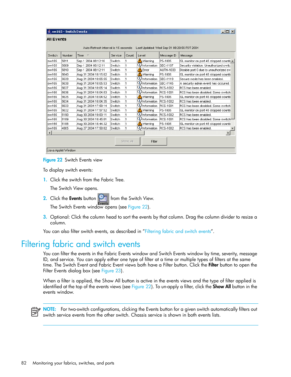 Figure 22 switch events view, Filtering fabric and switch events, 22 switch events view | Filtering, Fabric and switch events | HP Brocade 4Gb SAN Switch for HP BladeSystem c-Class User Manual | Page 82 / 160