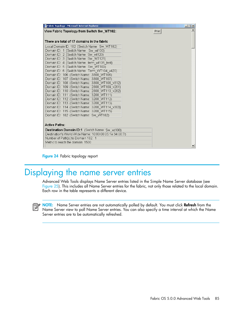 Figure 24 fabric topology report, Displaying the name server entries, 24 fabric topology report | N in, Figure 24 | HP Brocade 4Gb SAN Switch for HP BladeSystem c-Class User Manual | Page 85 / 160