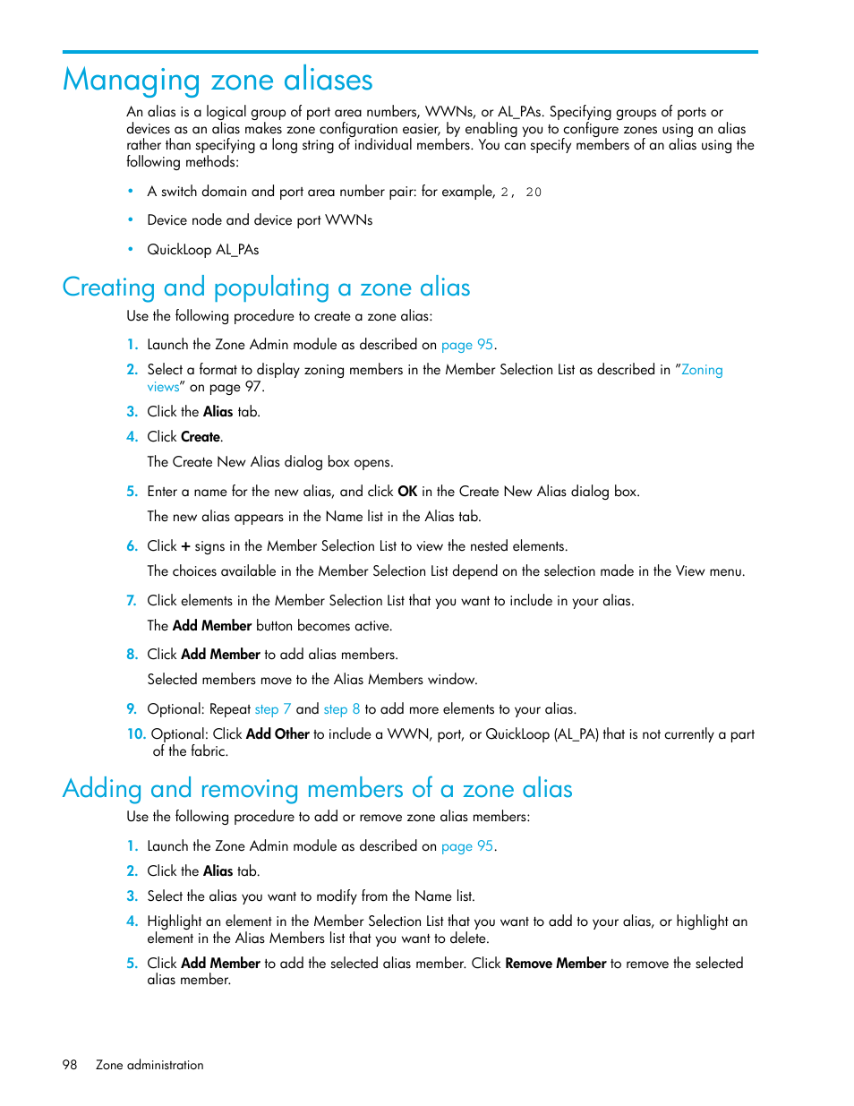 Managing zone aliases, Creating and populating a zone alias, Adding and removing members of a zone alias | HP Brocade 4Gb SAN Switch for HP BladeSystem c-Class User Manual | Page 98 / 160