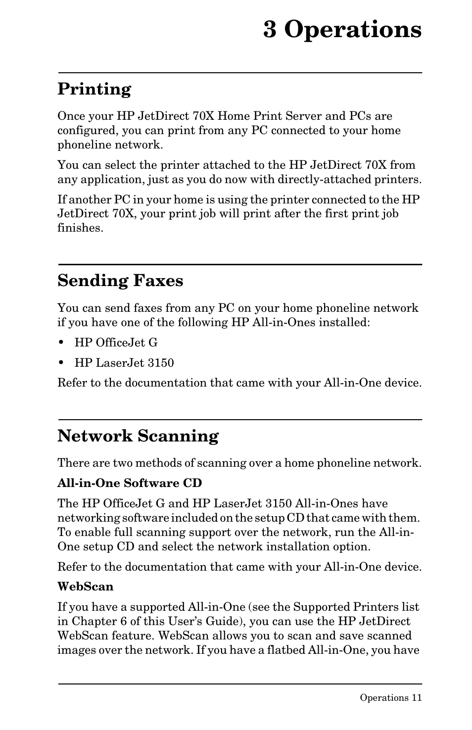 3 operations, Printing, Sending faxes | Network scanning | HP Jetdirect 70x home Print Server User Manual | Page 16 / 37