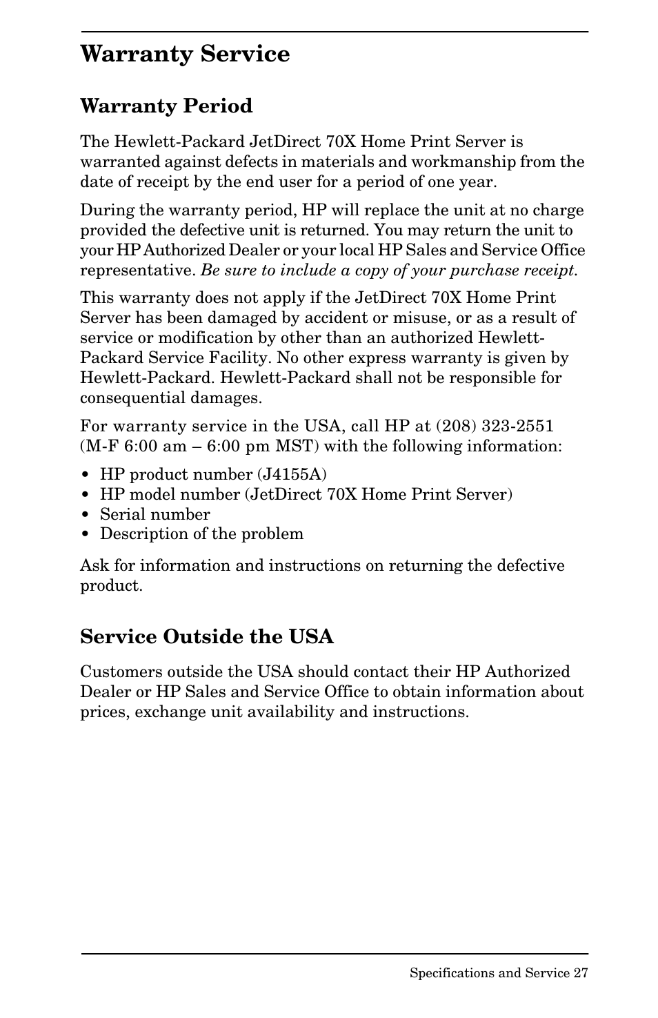 Warranty service | HP Jetdirect 70x home Print Server User Manual | Page 32 / 37