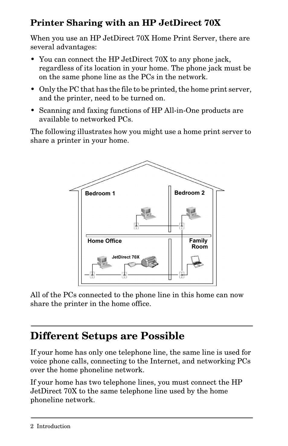 Different setups are possible, Printer sharing with an hp jetdirect 70x | HP Jetdirect 70x home Print Server User Manual | Page 7 / 37