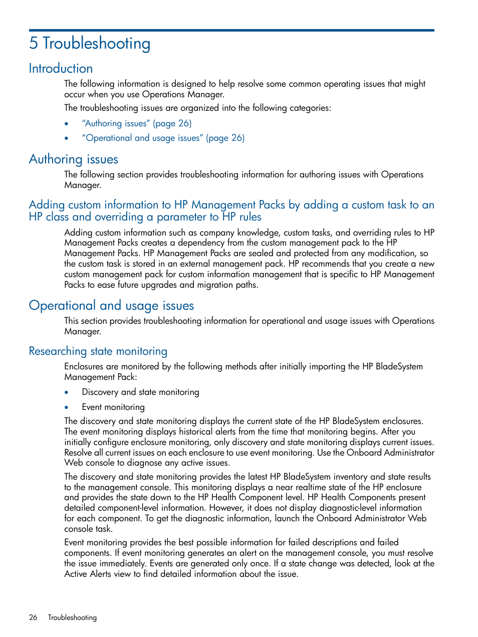 5 troubleshooting, Introduction, Authoring issues | Operational and usage issues, Researching state monitoring, Introduction authoring issues | HP OneView for Microsoft System Center User Manual | Page 26 / 33