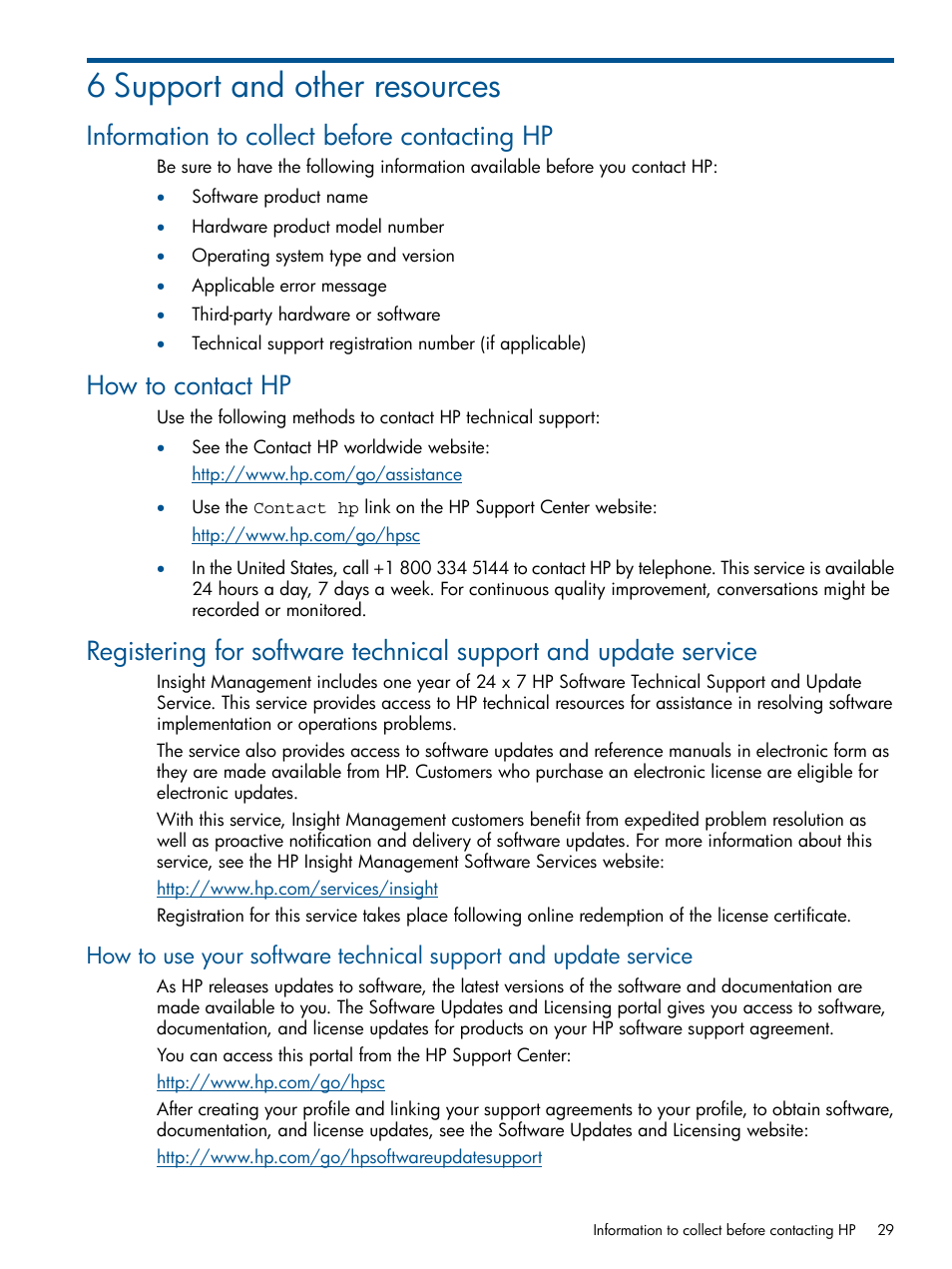 6 support and other resources, Information to collect before contacting hp, How to contact hp | HP OneView for Microsoft System Center User Manual | Page 29 / 33