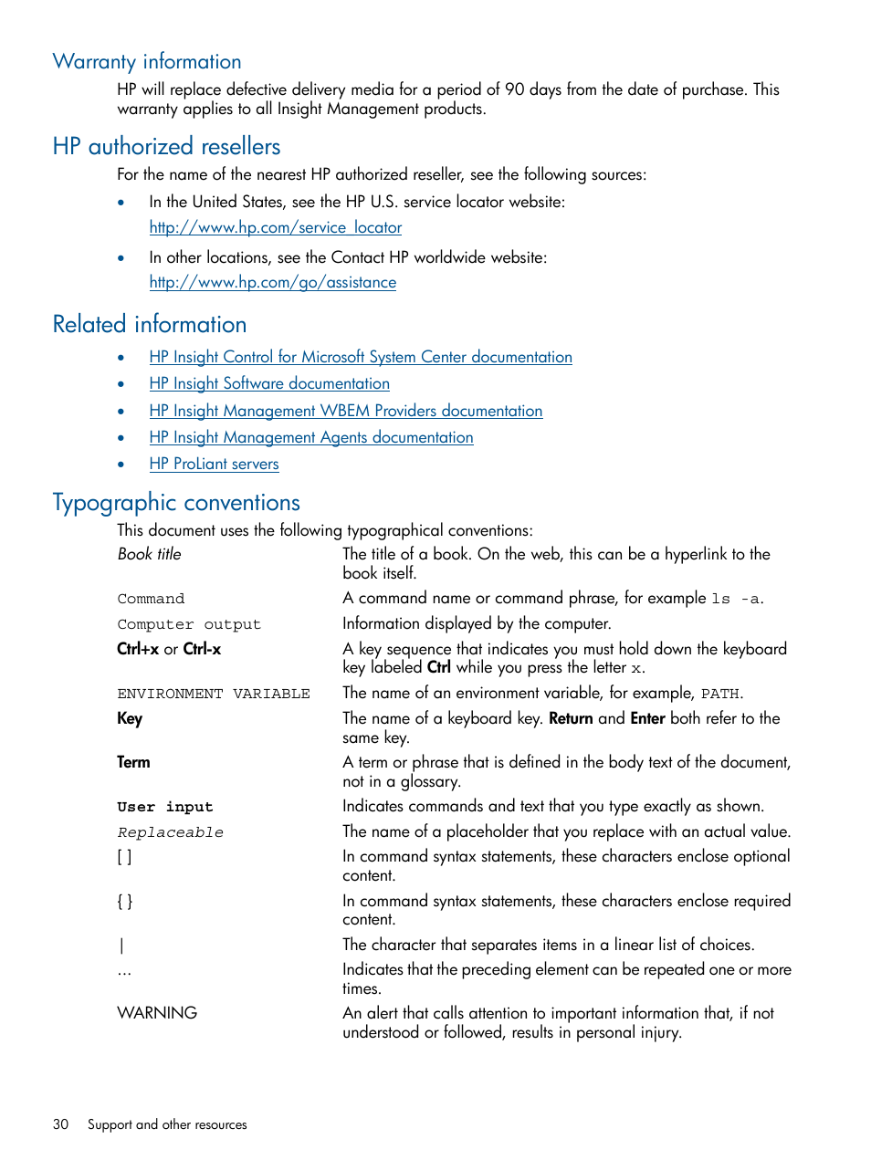 Warranty information, Hp authorized resellers, Related information | Typographic conventions | HP OneView for Microsoft System Center User Manual | Page 30 / 33