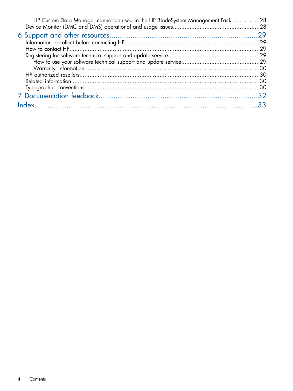 6 support and other resources, 7 documentation feedback index | HP OneView for Microsoft System Center User Manual | Page 4 / 33