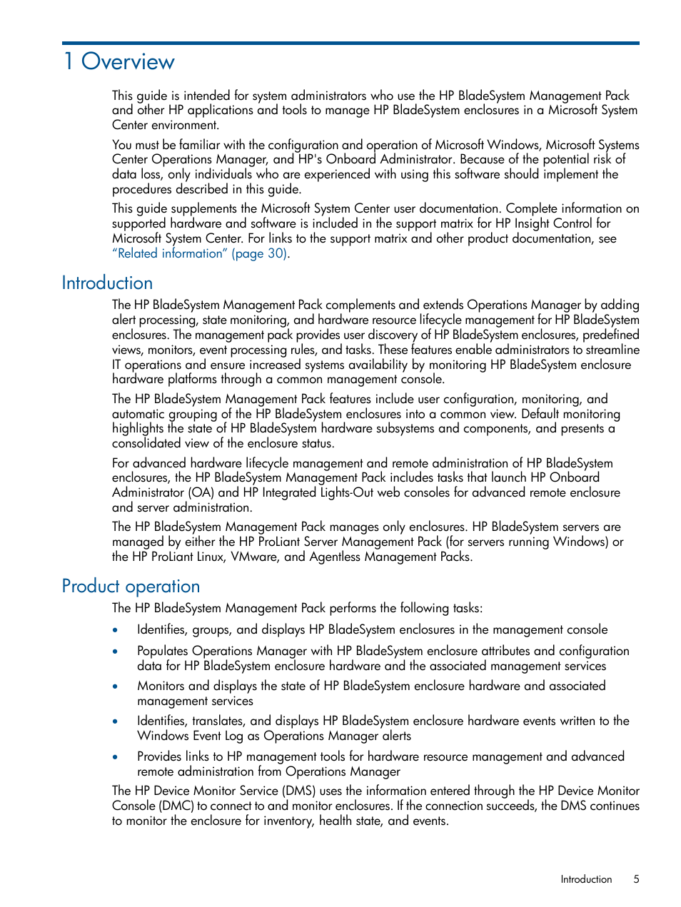 1 overview, Introduction, Product operation | Introduction product operation | HP OneView for Microsoft System Center User Manual | Page 5 / 33