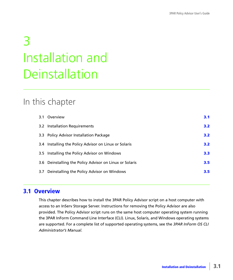 Installation and deinstallation, 1 overview, Overview | Chapter 3, installation and deinstallation, Describes, 3 installation and deinstallation | HP 3PAR Policy Manager Software User Manual | Page 11 / 46