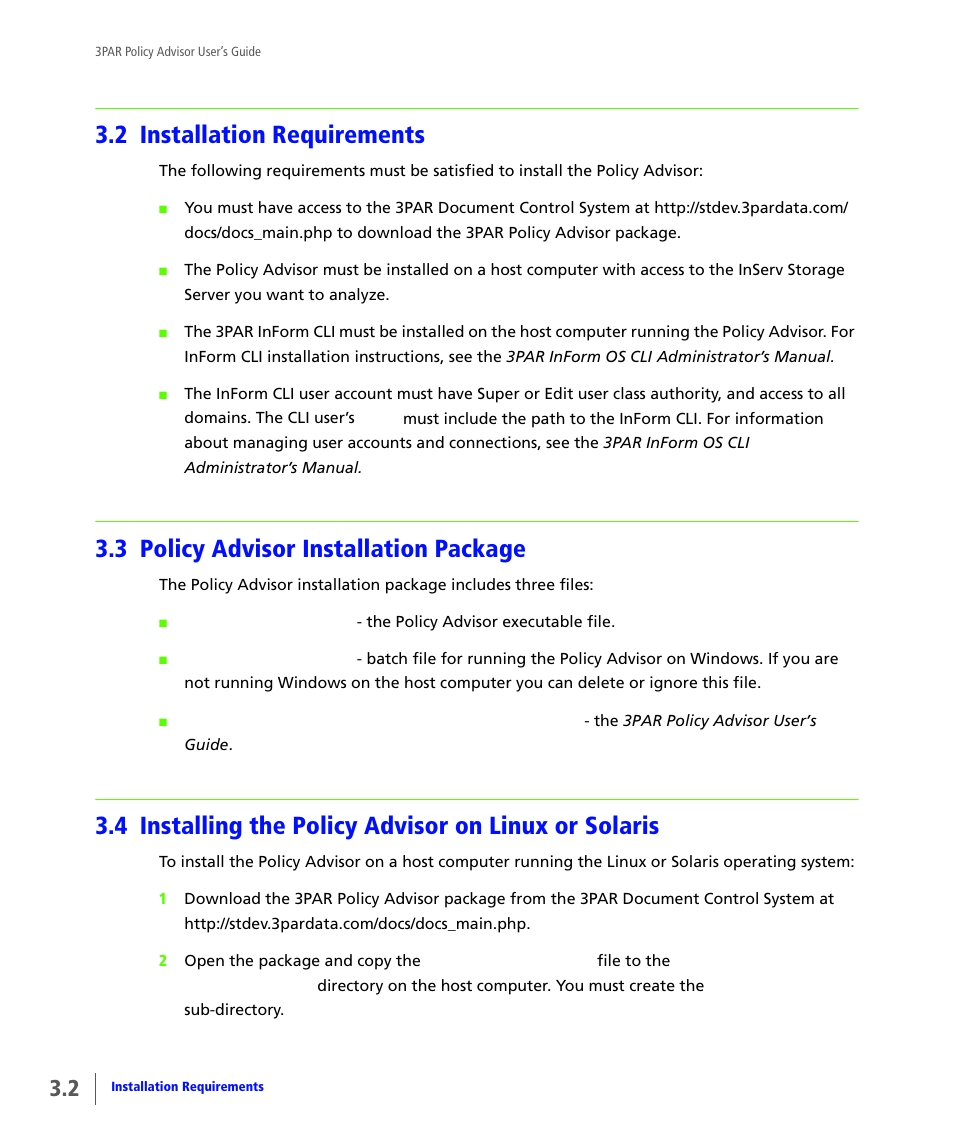 2 installation requirements, 3 policy advisor installation package, Installation requirements | Policy advisor installation package, Installing the policy advisor on linux or solaris | HP 3PAR Policy Manager Software User Manual | Page 12 / 46