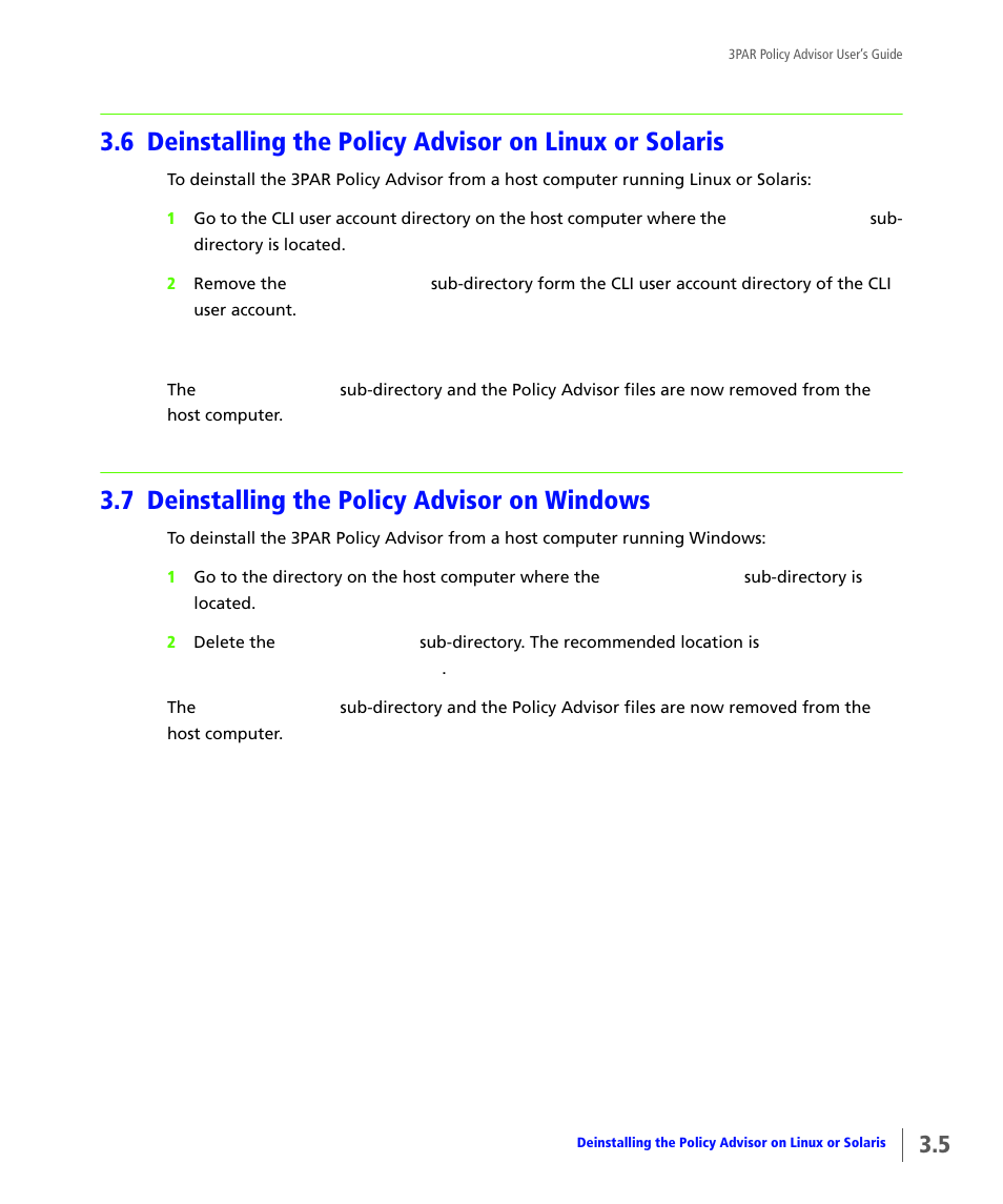 7 deinstalling the policy advisor on windows, Deinstalling the policy advisor on windows | HP 3PAR Policy Manager Software User Manual | Page 15 / 46