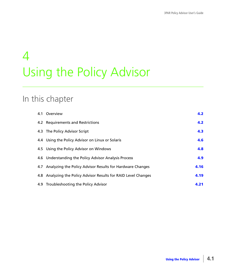 Using the policy advisor, Chapter 4, using the policy advisor, 4 using the policy advisor | HP 3PAR Policy Manager Software User Manual | Page 17 / 46