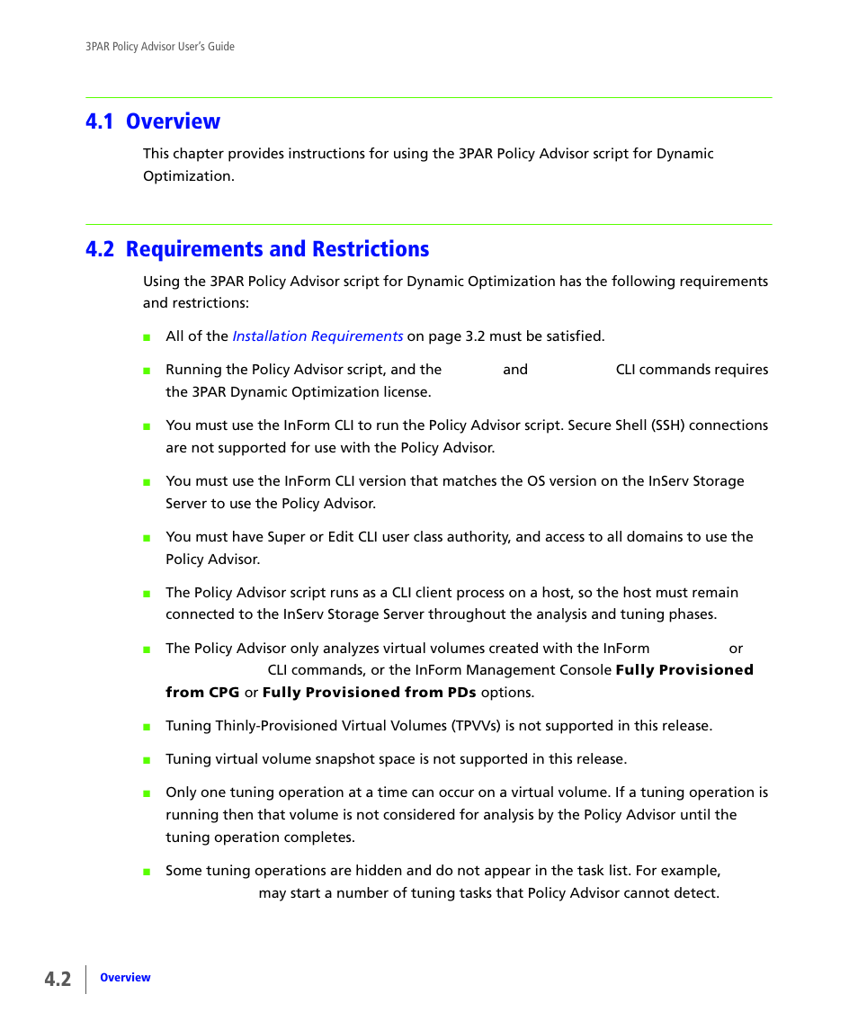 1 overview, 2 requirements and restrictions, Overview | Requirements and restrictions | HP 3PAR Policy Manager Software User Manual | Page 18 / 46