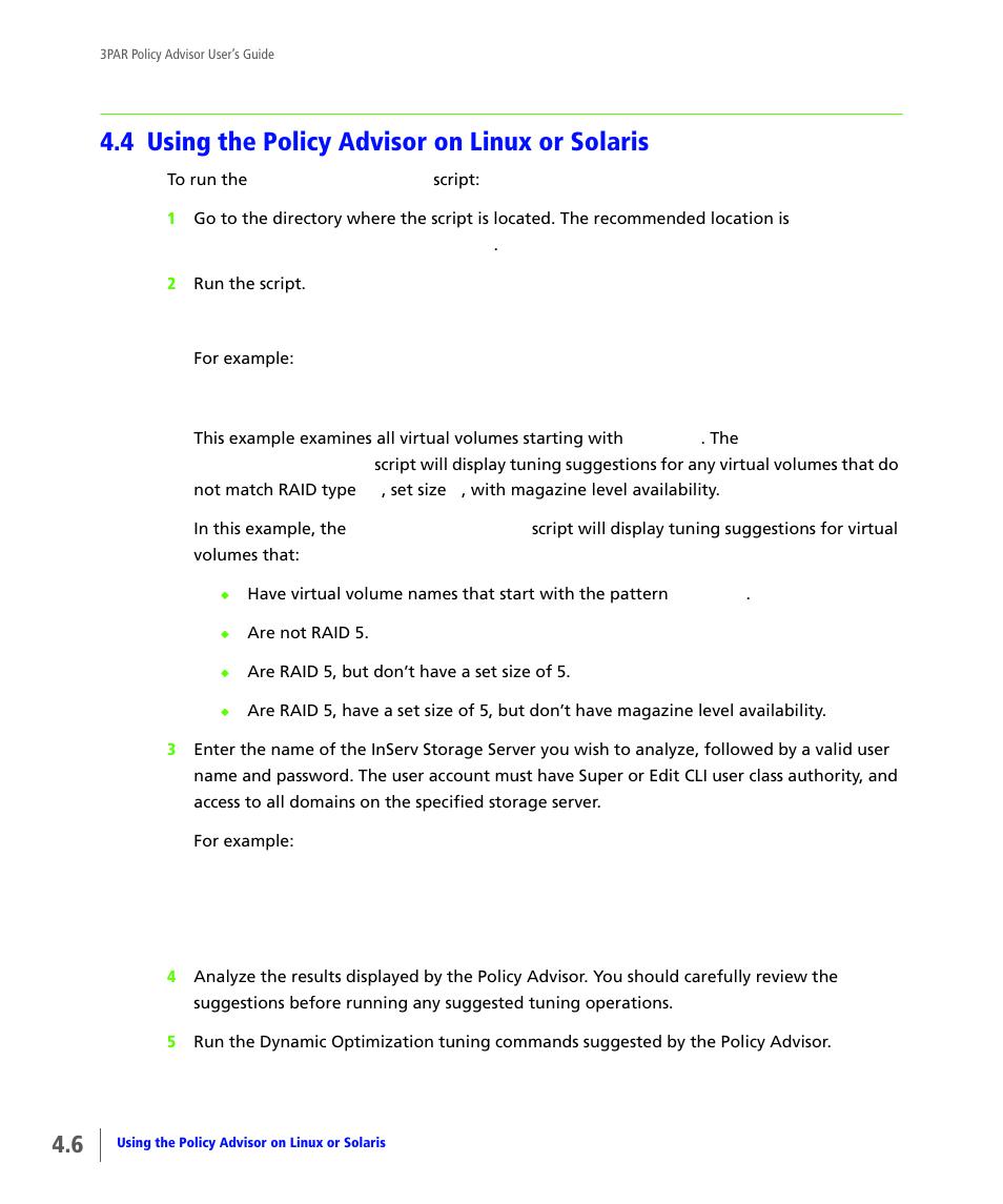 4 using the policy advisor on linux or solaris, Using the policy advisor on linux or solaris, Ee using the policy advisor on linux or solaris | HP 3PAR Policy Manager Software User Manual | Page 22 / 46