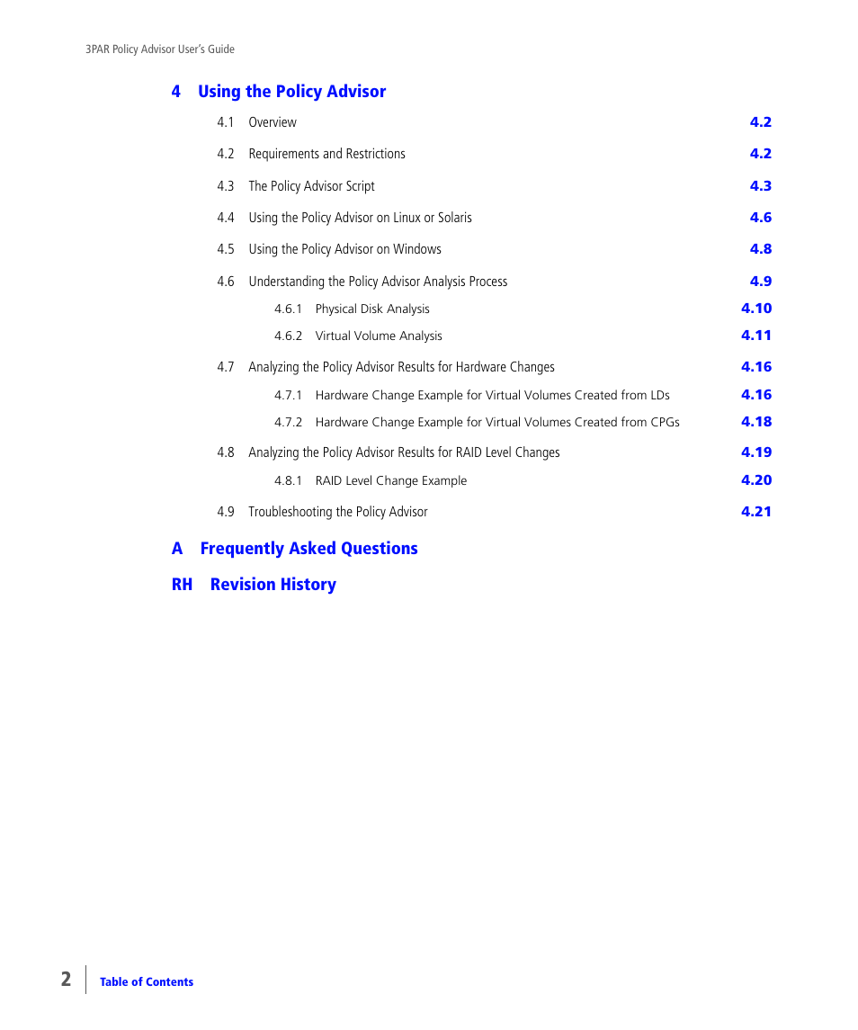 4using the policy advisor, Afrequently asked questions rh revision history | HP 3PAR Policy Manager Software User Manual | Page 4 / 46