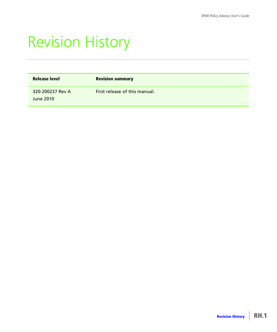 Revision history | HP 3PAR Policy Manager Software User Manual | Page 45 / 46