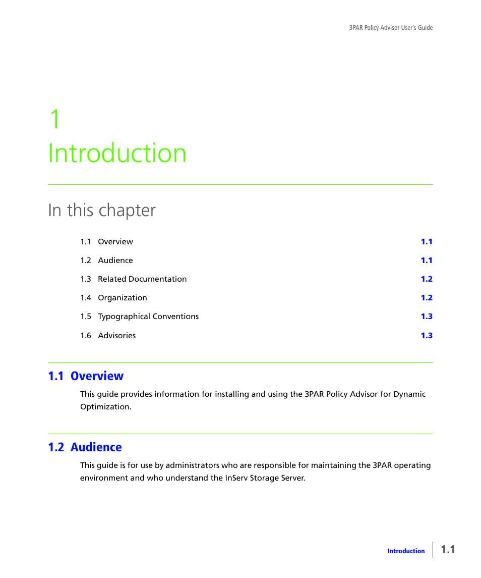 Introduction, 1 overview, 2 audience | Overview, Audience, 1 introduction | HP 3PAR Policy Manager Software User Manual | Page 5 / 46