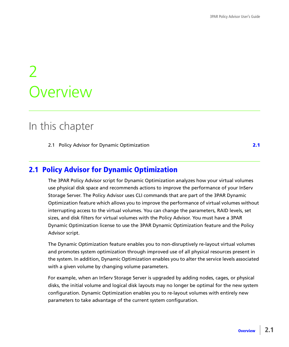 Overview, 1 policy advisor for dynamic optimization, Policy advisor for dynamic optimization | Chapter 2, overview, 2 overview | HP 3PAR Policy Manager Software User Manual | Page 9 / 46