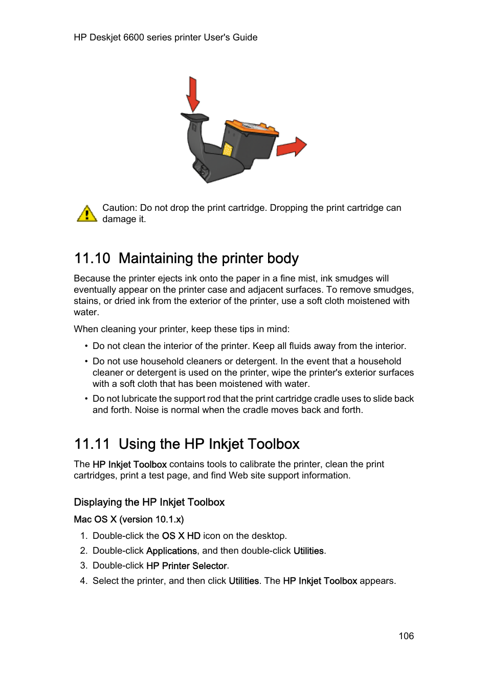10 maintaining the printer body, 11 using the hp inkjet toolbox, Displaying the hp inkjet toolbox | Mac os x (version 10.1.x), Hp inkjet toolbox, And then select the, Maintaining the printer body, Using the hp inkjet toolbox | HP Deskjet 6620 Color Inkjet Printer User Manual | Page 106 / 157