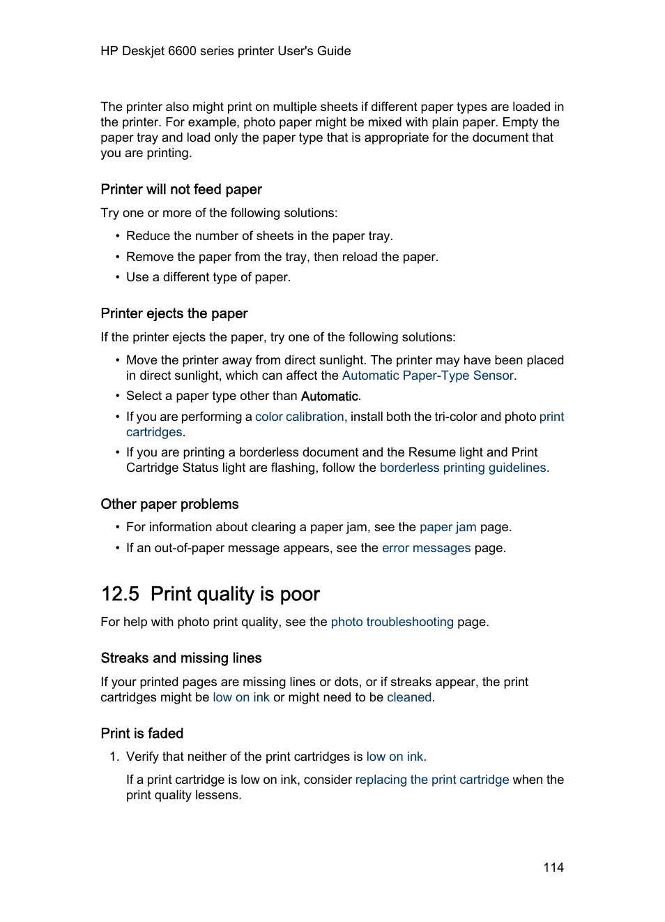 Printer will not feed paper, Printer ejects the paper, Other paper problems | 5 print quality is poor, Streaks and missing lines, Print is faded, Print quality is poor | HP Deskjet 6620 Color Inkjet Printer User Manual | Page 114 / 157