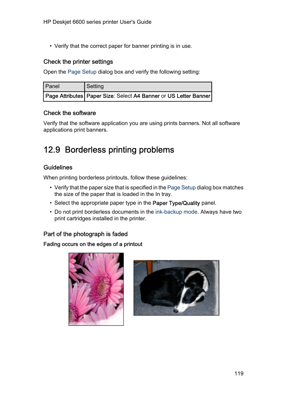 Check the printer settings, Check the software, 9 borderless printing problems | Guidelines, Part of the photograph is faded, Fading occurs on the edges of a printout, Borderless printing problems, Cartridge status light are flashing, follow the, Borderless printing guidelines | HP Deskjet 6620 Color Inkjet Printer User Manual | Page 119 / 157