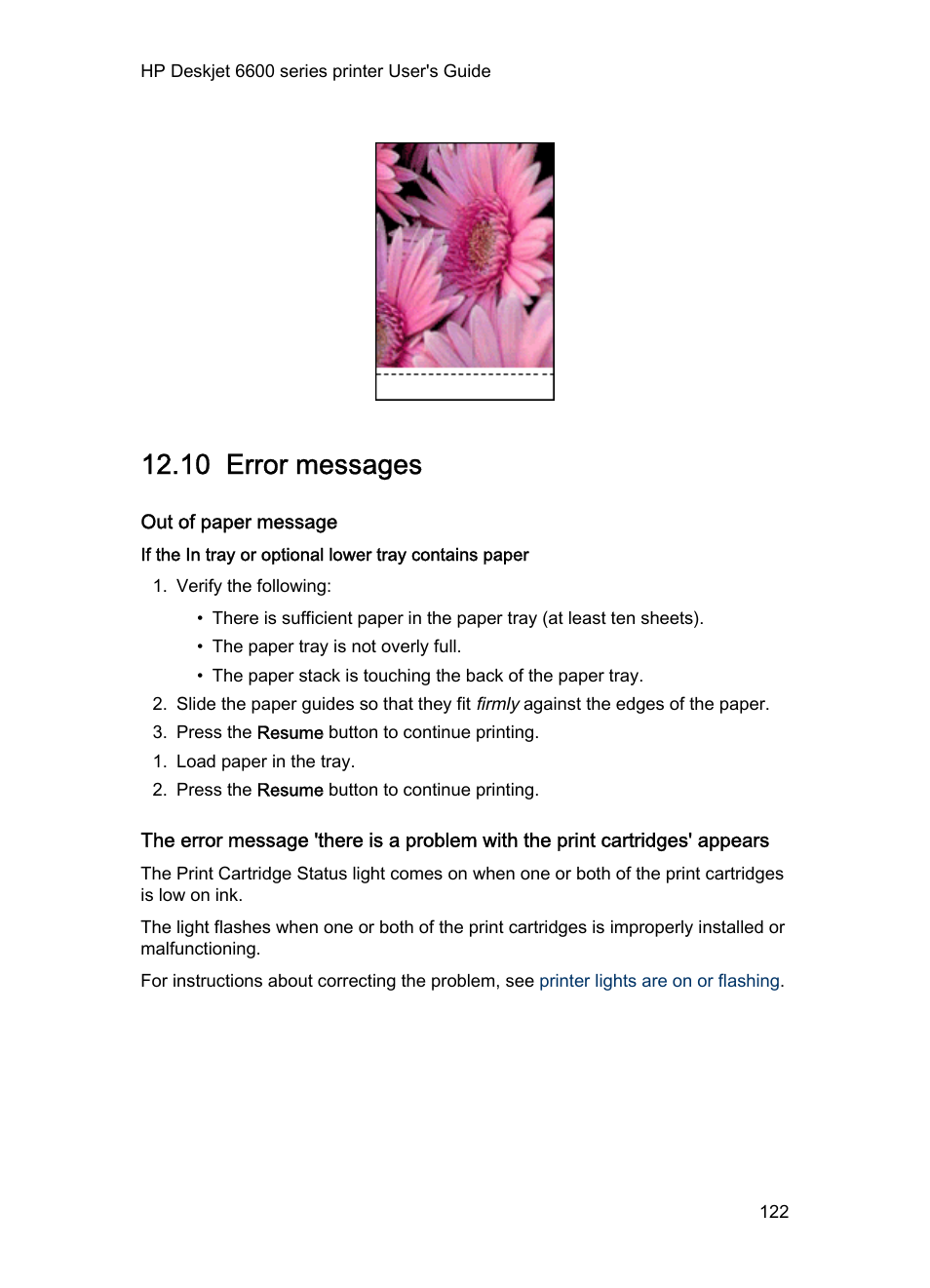 10 error messages, Out of paper message, Error messages | If an out-of-paper message appears, see the | HP Deskjet 6620 Color Inkjet Printer User Manual | Page 122 / 157