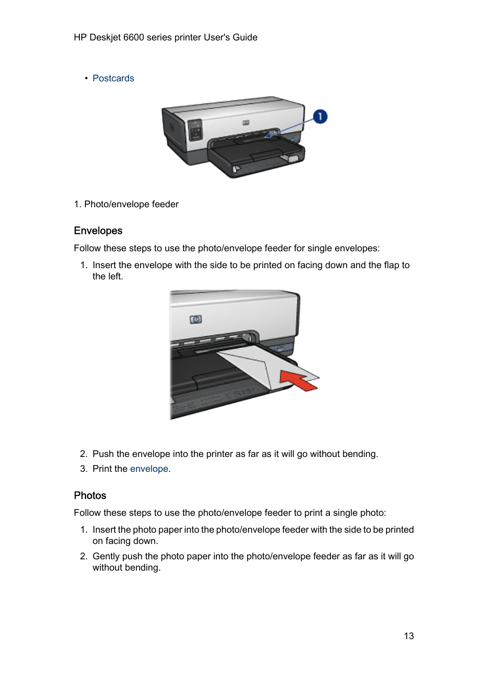 Envelopes, Photos | HP Deskjet 6620 Color Inkjet Printer User Manual | Page 13 / 157
