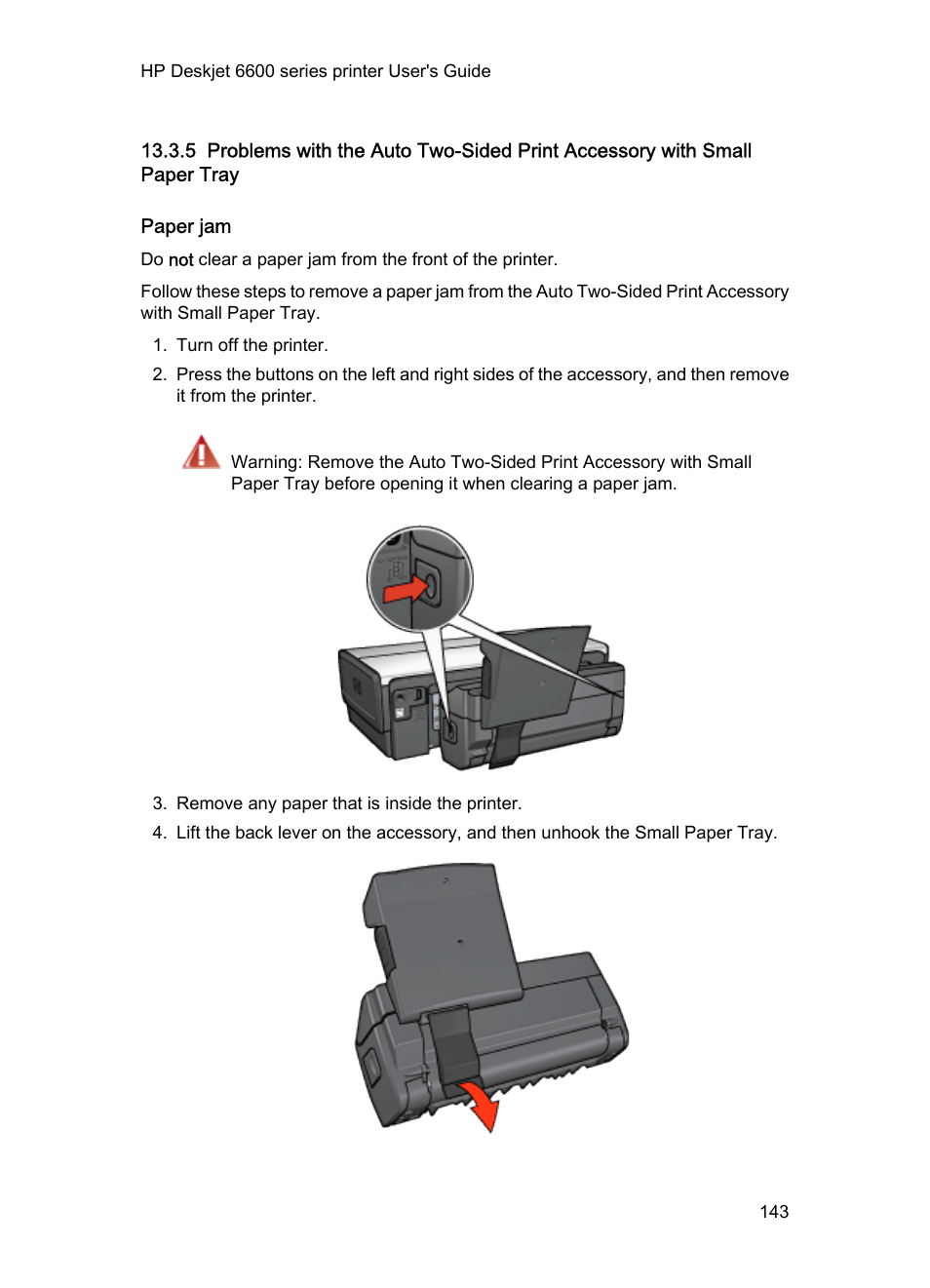 Paper jam, Steps to clear a paper jam, Printing problems | HP Deskjet 6620 Color Inkjet Printer User Manual | Page 143 / 157