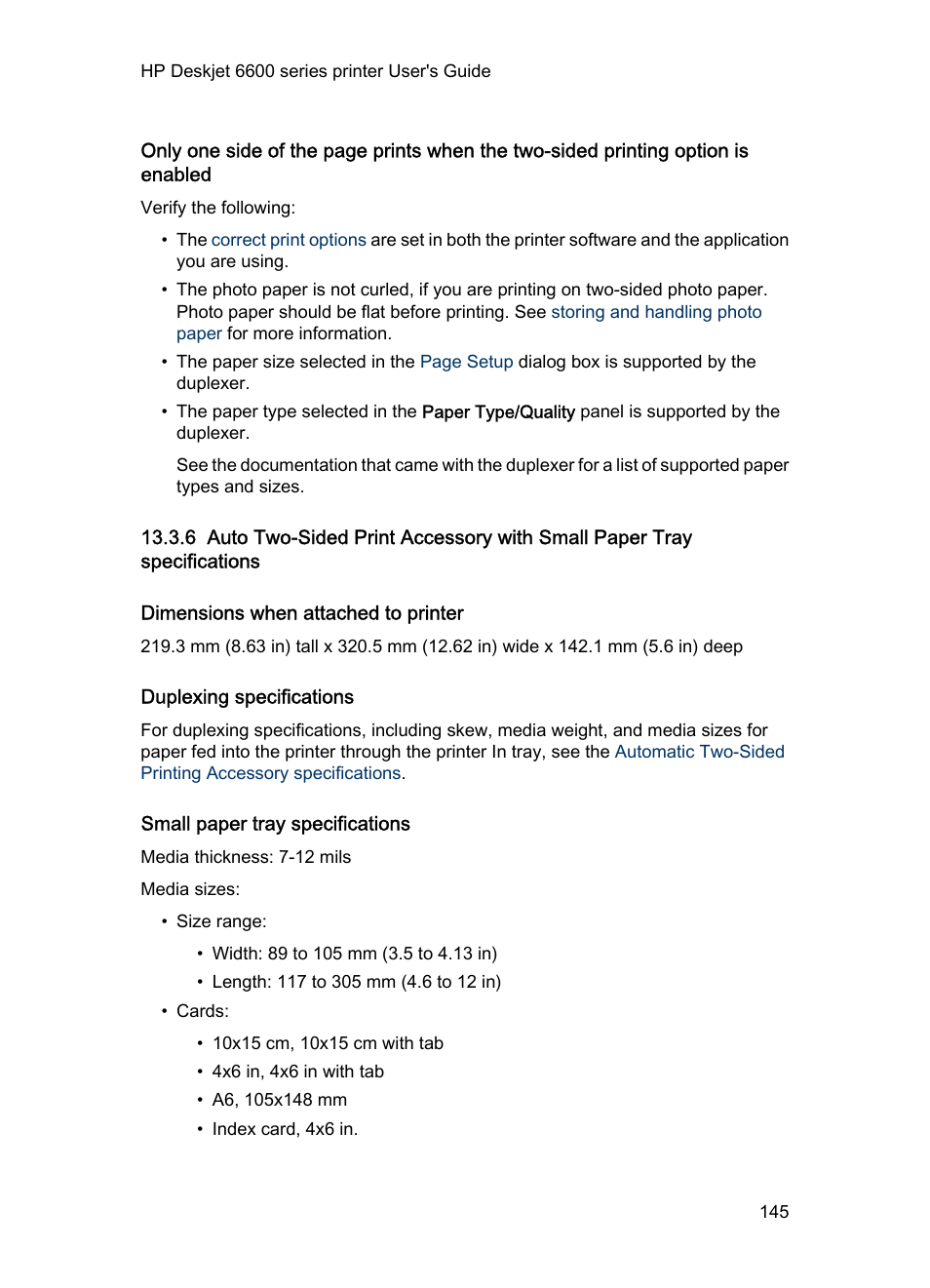 Dimensions when attached to printer, Duplexing specifications, Small paper tray specifications | HP Deskjet 6620 Color Inkjet Printer User Manual | Page 145 / 157