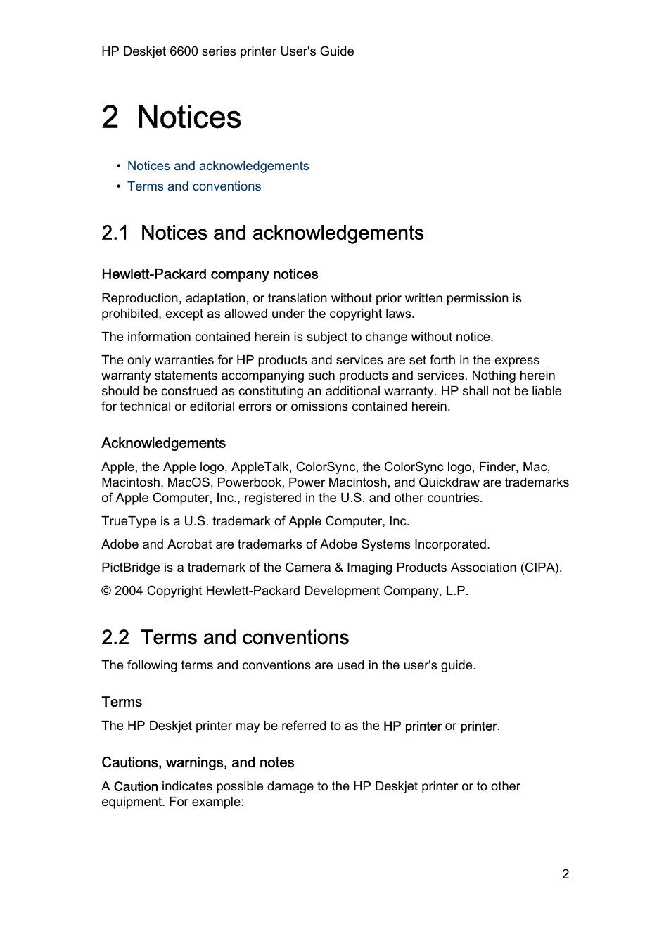 2 notices, 1 notices and acknowledgements, Hewlett-packard company notices | Acknowledgements, 2 terms and conventions, Terms, Cautions, warnings, and notes, Notices | HP Deskjet 6620 Color Inkjet Printer User Manual | Page 2 / 157