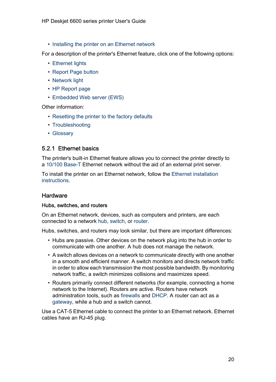 1 ethernet basics, Hardware, Hubs, switches, and routers | Ethernet basics | HP Deskjet 6620 Color Inkjet Printer User Manual | Page 20 / 157