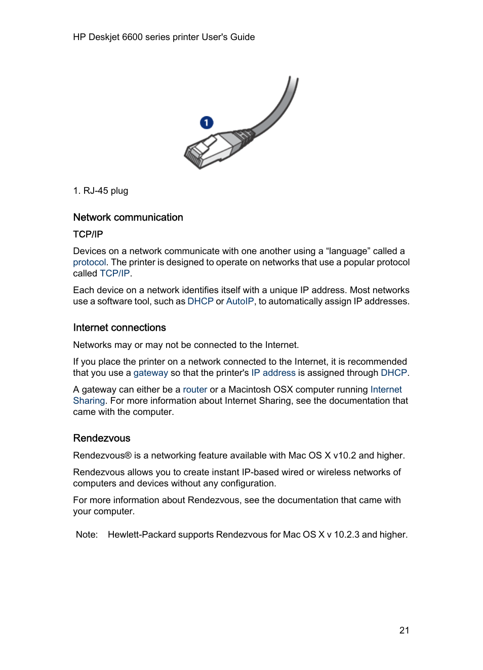 Network communication, Tcp/ip, Internet connections | Rendezvous | HP Deskjet 6620 Color Inkjet Printer User Manual | Page 21 / 157