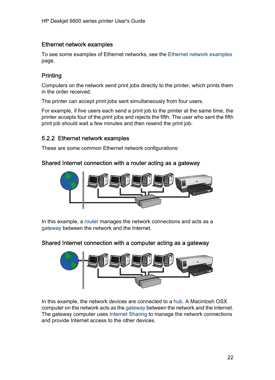 Ethernet network examples, Printing, 2 ethernet network examples | HP Deskjet 6620 Color Inkjet Printer User Manual | Page 22 / 157