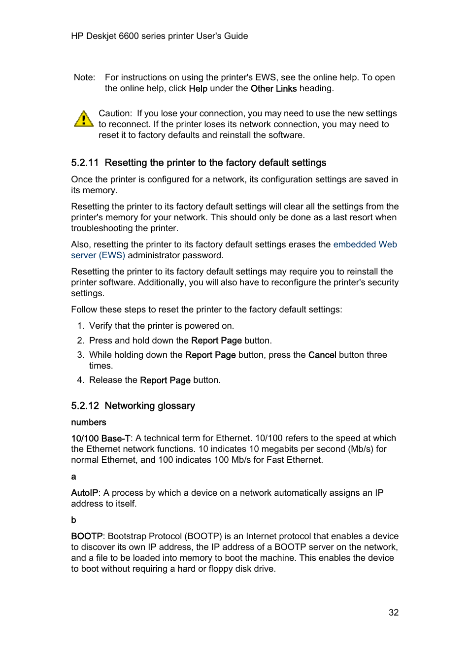 12 networking glossary, Numbers, Networking glossary | Resetting the printer to the factory defaults, Glossary, 10/100 base-t, Connected to a network, Switch, Router, Firewalls | HP Deskjet 6620 Color Inkjet Printer User Manual | Page 32 / 157