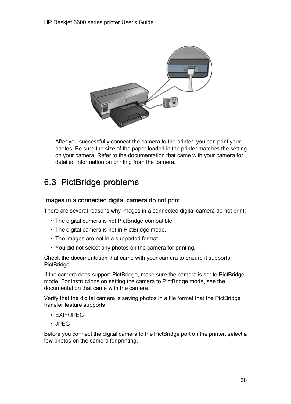 3 pictbridge problems, Images in a connected digital camera do not print, Pictbridge troubleshooting | HP Deskjet 6620 Color Inkjet Printer User Manual | Page 38 / 157