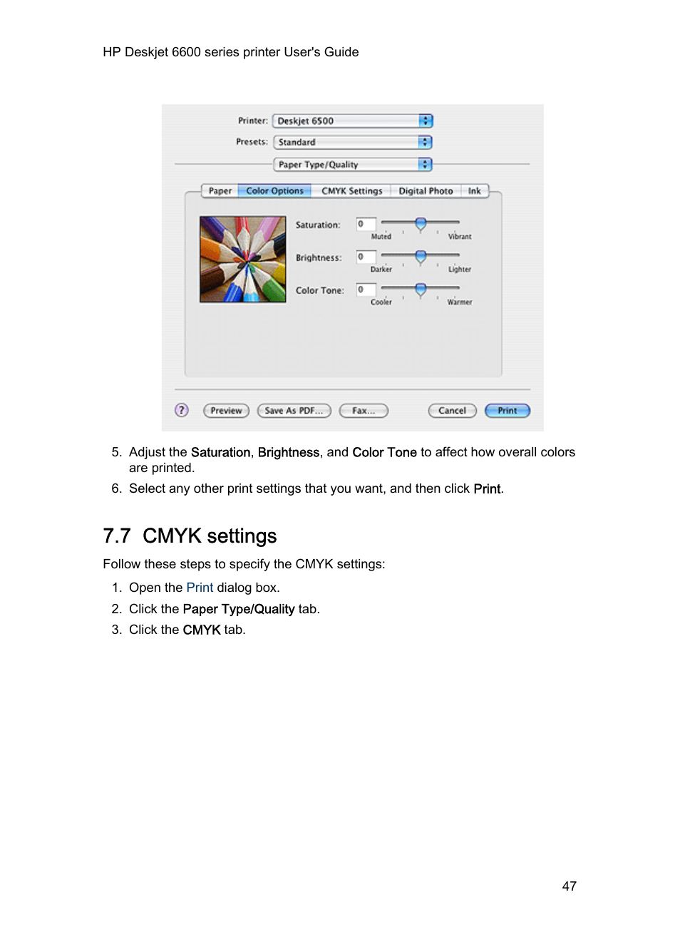 7 cmyk settings, Cmyk settings | HP Deskjet 6620 Color Inkjet Printer User Manual | Page 47 / 157