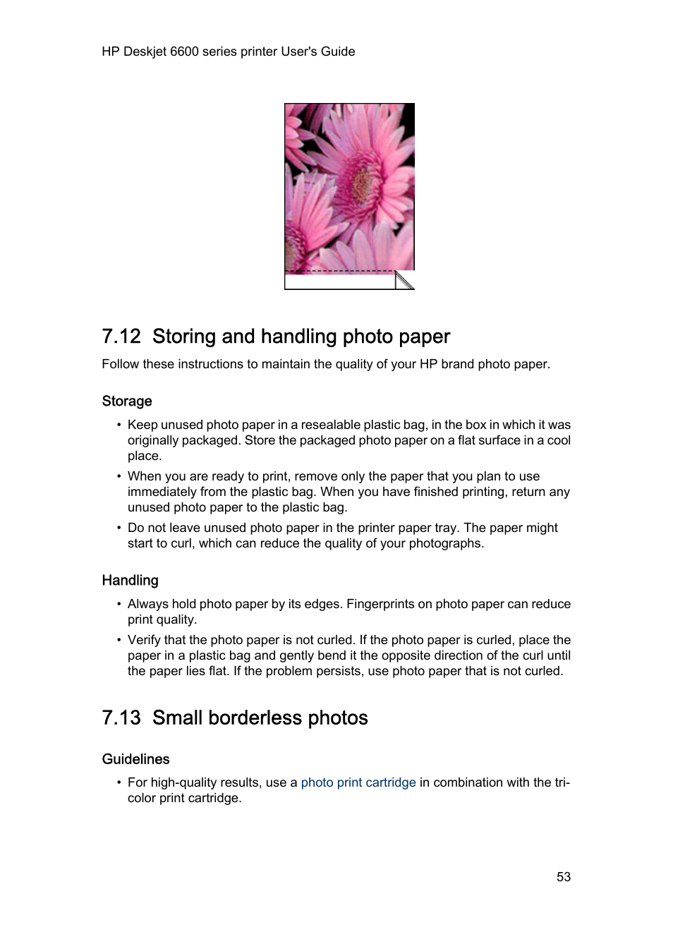 12 storing and handling photo paper, Storage, Handling | 13 small borderless photos, Guidelines, Small photos, Small borderless photo, Photo paper storage guidelines | HP Deskjet 6620 Color Inkjet Printer User Manual | Page 53 / 157