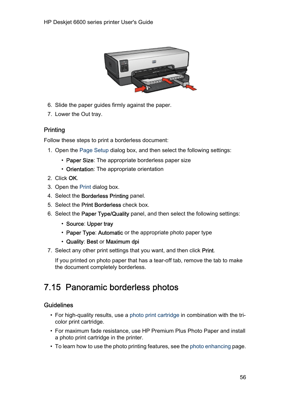 Printing, 15 panoramic borderless photos, Guidelines | Panoramic borderless photo | HP Deskjet 6620 Color Inkjet Printer User Manual | Page 56 / 157