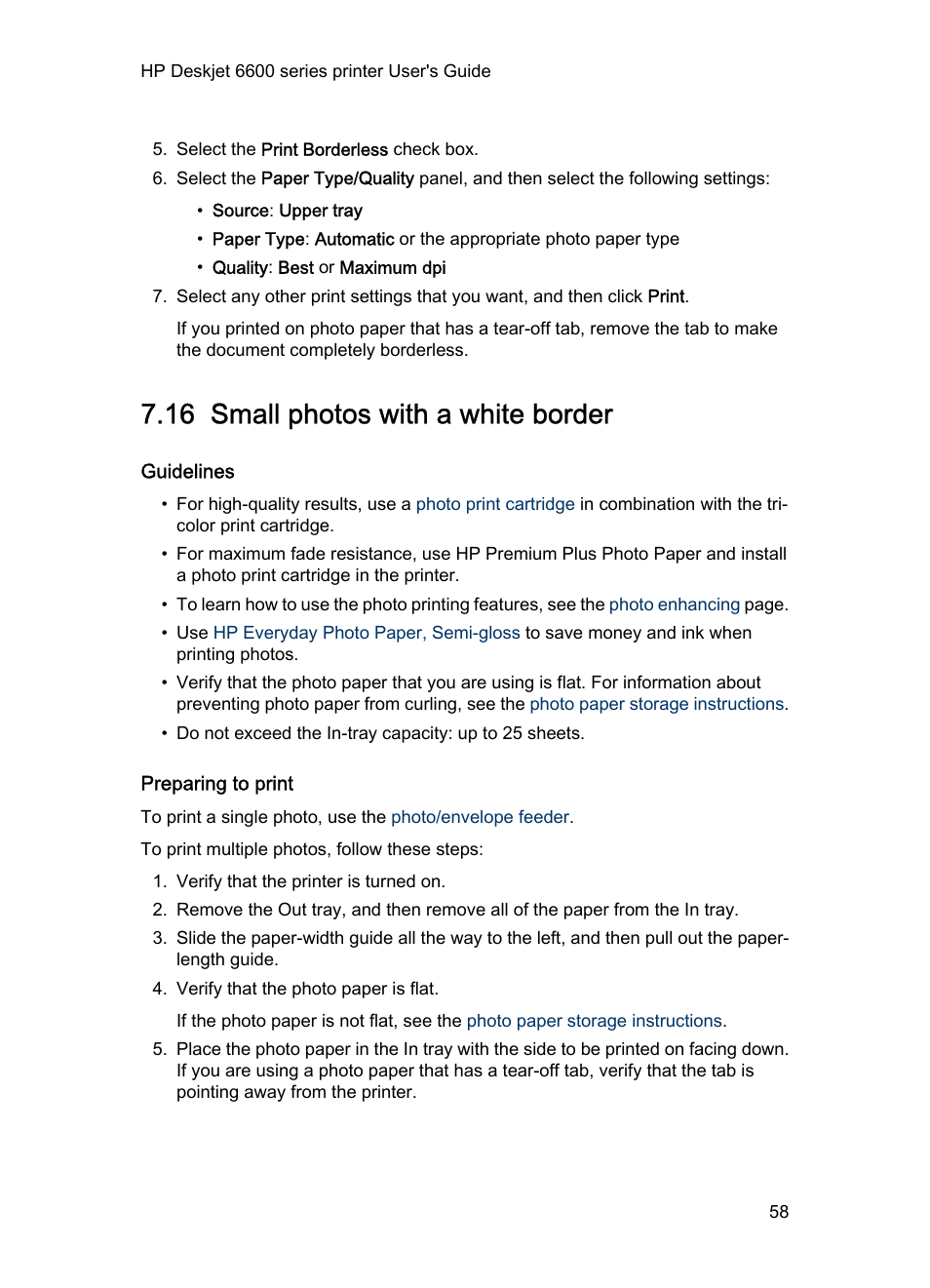 16 small photos with a white border, Guidelines, Preparing to print | Small photo, With a white border | HP Deskjet 6620 Color Inkjet Printer User Manual | Page 58 / 157