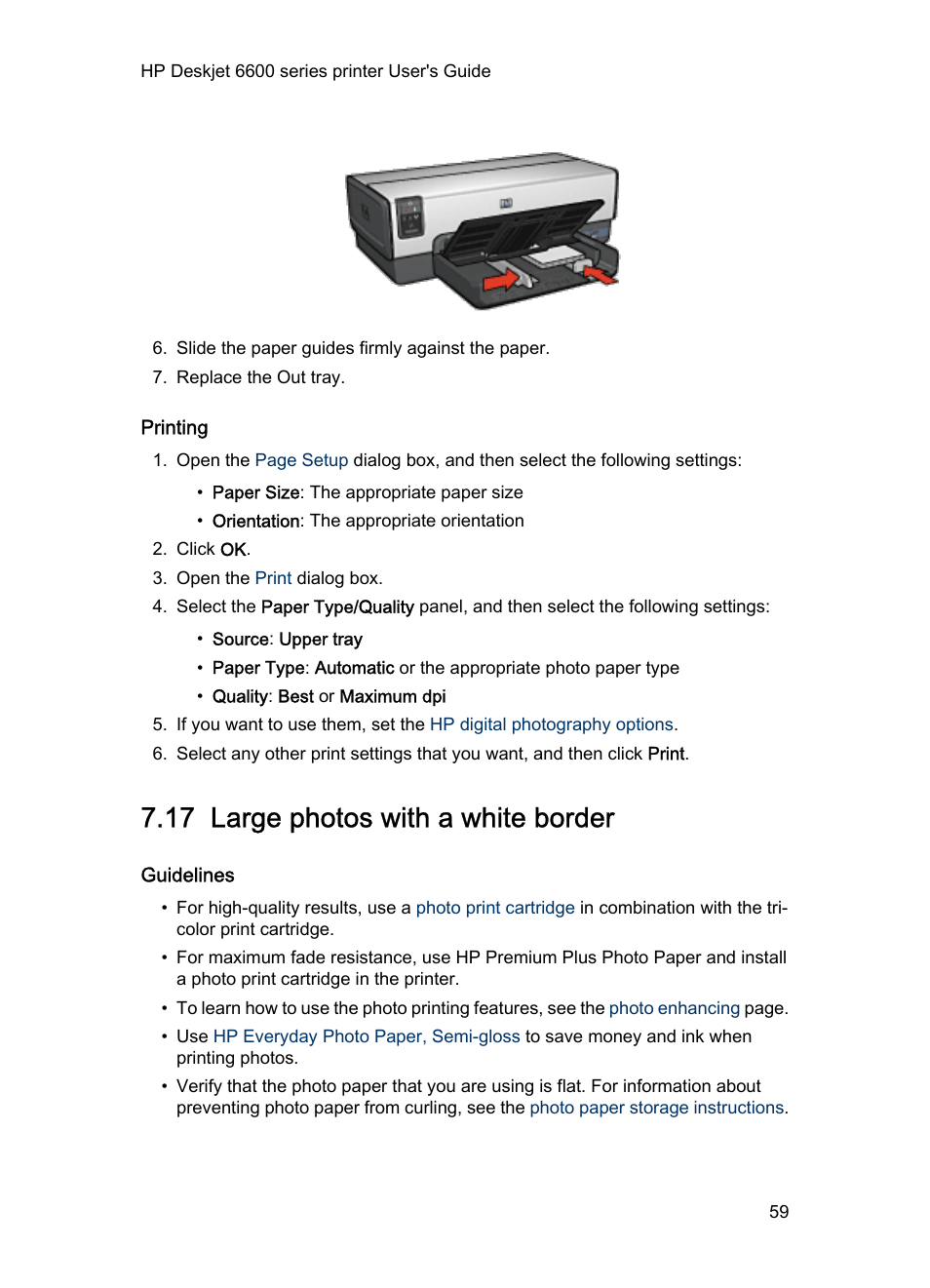 Printing, 17 large photos with a white border, Guidelines | Large photo, With a white border | HP Deskjet 6620 Color Inkjet Printer User Manual | Page 59 / 157