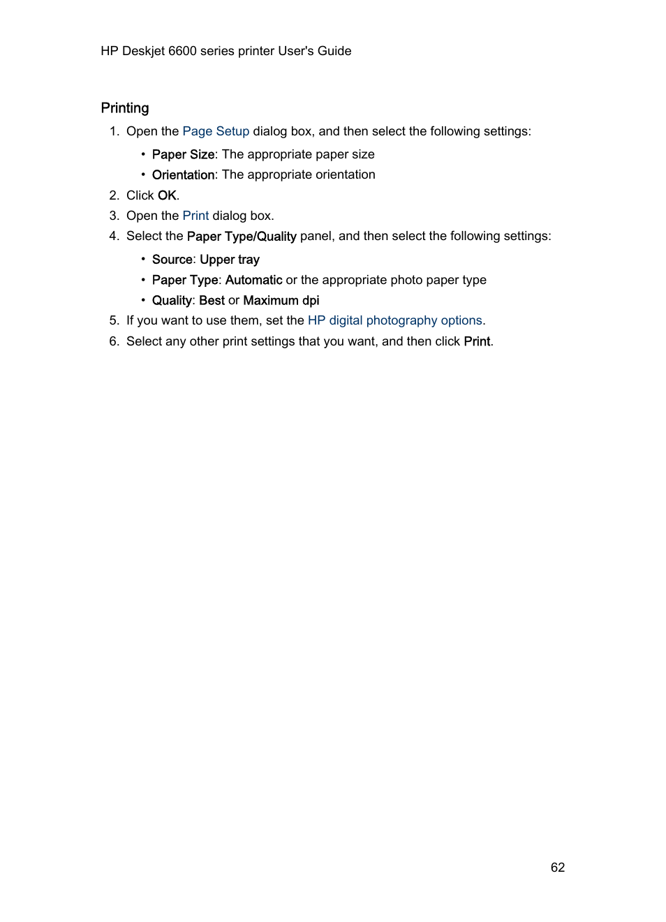 Printing | HP Deskjet 6620 Color Inkjet Printer User Manual | Page 62 / 157