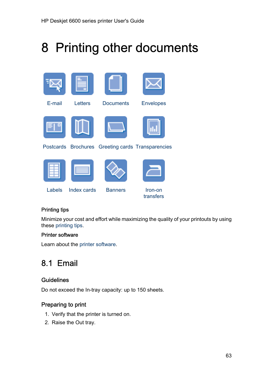 8 printing other documents, 1 email, Guidelines | Preparing to print, Printing other documents | HP Deskjet 6620 Color Inkjet Printer User Manual | Page 63 / 157